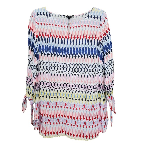Talbots Rayon Multicolor Geo Print Tie-Sleeve Keyhole Neck Tunic Size Medium - Picture 1 of 6
